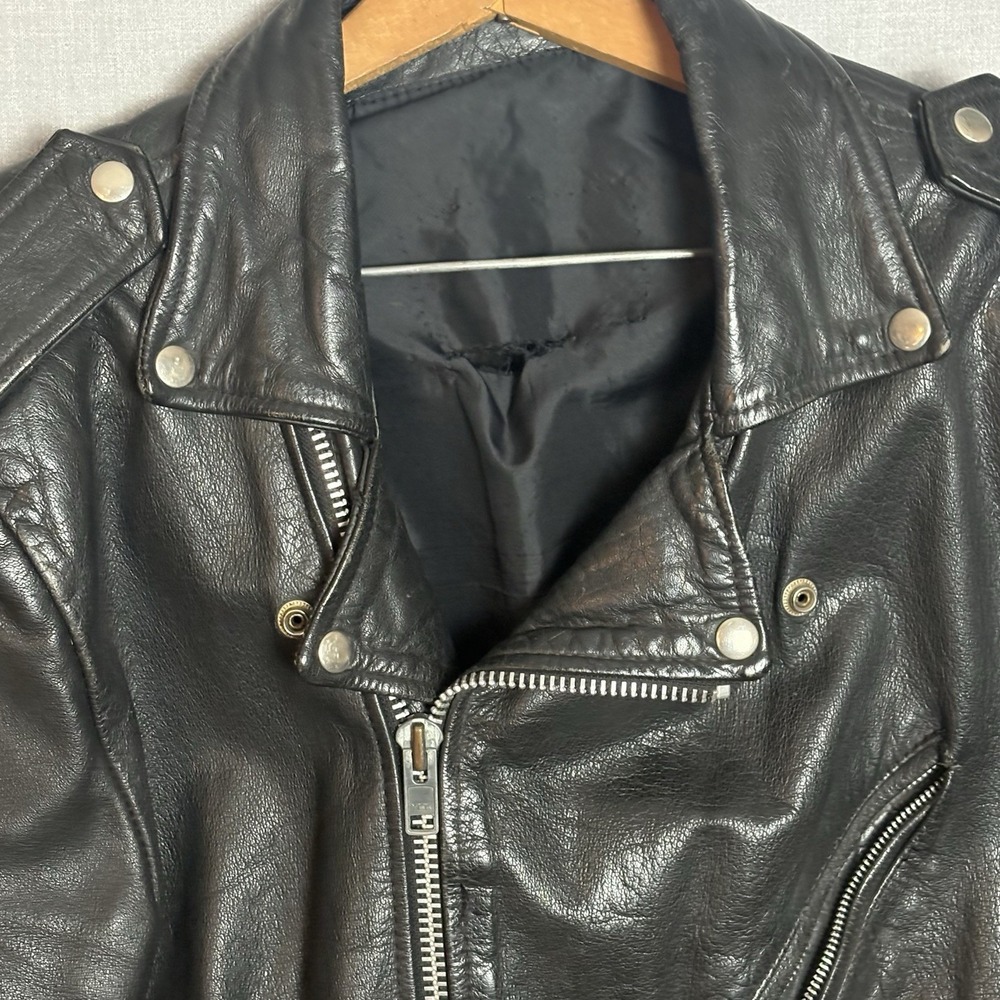Vtg 90's Black Leather Moto Jacket  Heavy Weathered + Harley Trucker Wallet Sz L - Picture 3 of 16